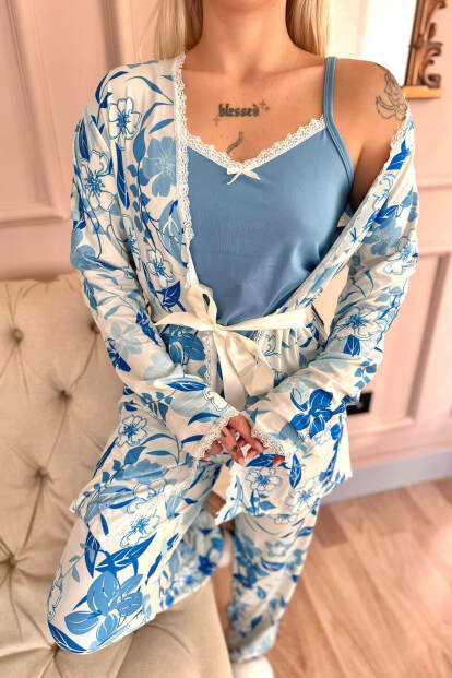 Mavi Serenity Exclusive Örme Sabahlıklı Kadın Pijama Takımı - 5