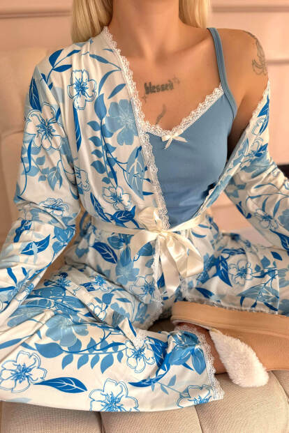 Mavi Serenity Exclusive Örme Sabahlıklı Kadın Pijama Takımı - 6