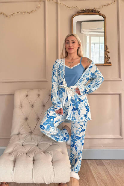 Mavi Serenity Exclusive Örme Sabahlıklı Kadın Pijama Takımı - 7