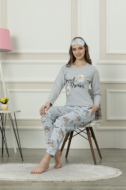 Mavi Sheep Desenli Uzun Kollu Kadın Pijama Takımı - 1