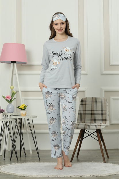 Mavi Sheep Desenli Uzun Kollu Kadın Pijama Takımı - 2