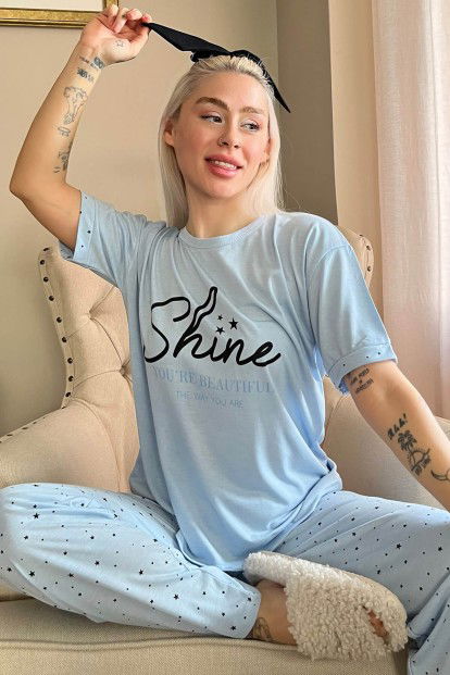 Mavi Shine Baskılı Örme Kısa Kollu Kadın Pijama Takımı - 1