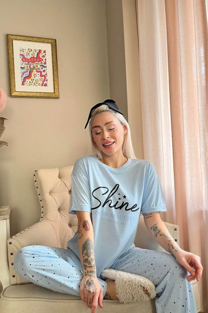 Mavi Shine Baskılı Örme Kısa Kollu Kadın Pijama Takımı - 2