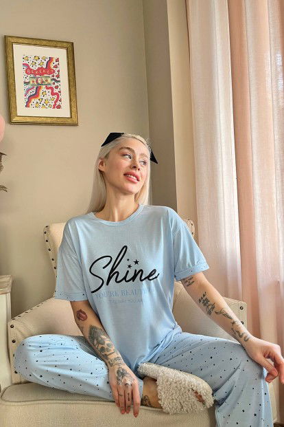 Mavi Shine Baskılı Örme Kısa Kollu Kadın Pijama Takımı - 3