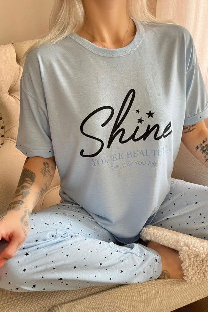 Mavi Shine Baskılı Örme Kısa Kollu Kadın Pijama Takımı - 4