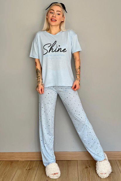 Mavi Shine Baskılı Örme Kısa Kollu Kadın Pijama Takımı - 5