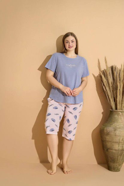 Mavi Simplicite Baskılı Kapri Büyük Beden Battal Pijama Takımı - 2