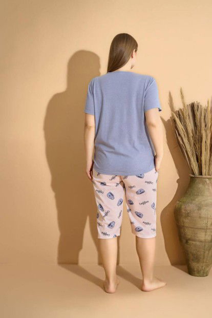 Mavi Simplicite Baskılı Kapri Büyük Beden Battal Pijama Takımı - 3
