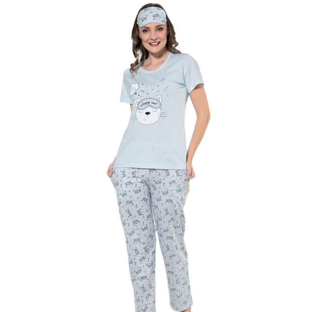 Mavi Sleepy Cat Desenli Kısa Kollu Kadın Pijama Takımı - 1