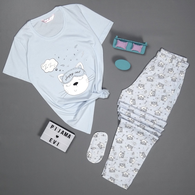 Mavi Sleepy Cat Desenli Kısa Kollu Kadın Pijama Takımı - 2