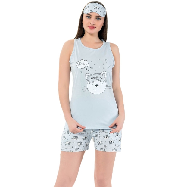 Mavi Sleepy Cat Desenli Şortlu Askılı Sıfır Kol Bayan Pijama Takımı - 1