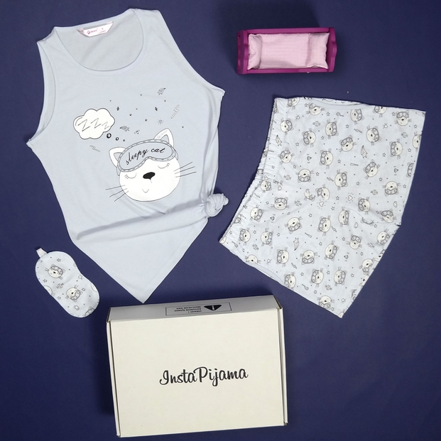 Mavi Sleepy Cat Desenli Şortlu Askılı Sıfır Kol Bayan Pijama Takımı - 2