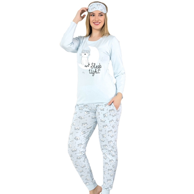 Mavi Sleepy Cat Desenli Uzun Kollu Manşetli Kadın Pijama Takımı - 1