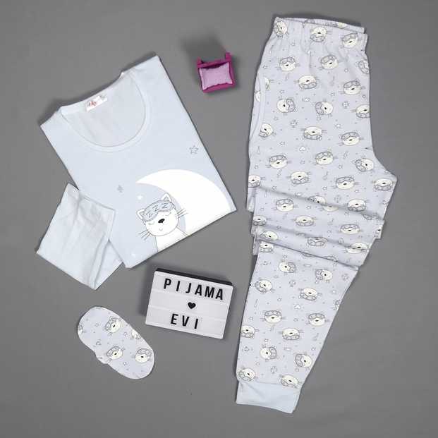 Mavi Sleepy Cat Desenli Uzun Kollu Manşetli Kadın Pijama Takımı - 2