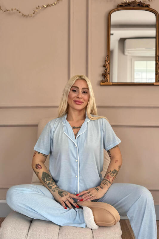 Mavi Sofistic Önden Düğmeli Kısa Kol Kadın Pijama Takımı - Pijamaevi (1)