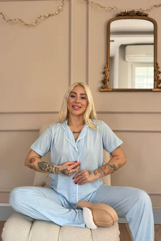 Mavi Sofistic Önden Düğmeli Kısa Kol Kadın Pijama Takımı - Pijamaevi (2)