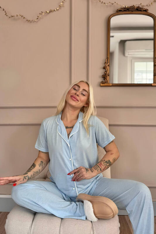 Mavi Sofistic Önden Düğmeli Kısa Kol Kadın Pijama Takımı - Pijamaevi (3)