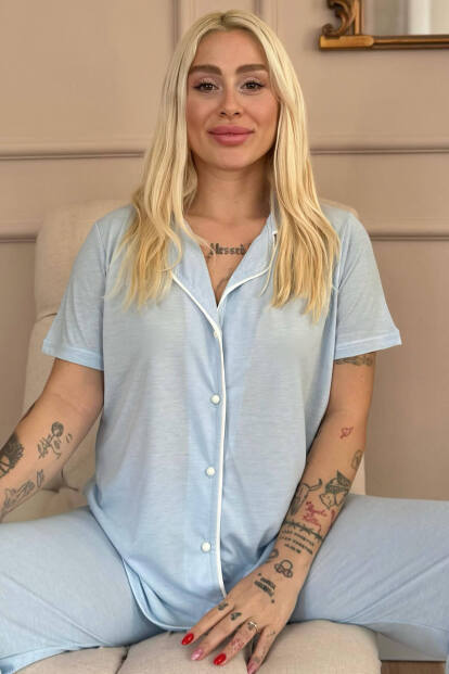 Mavi Sofistic Önden Düğmeli Kısa Kol Kadın Pijama Takımı - 7