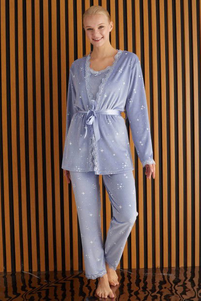 Mavi Stelo Exclusive Kadife Sabahlıklı Kadın Pijama Takımı  - 2