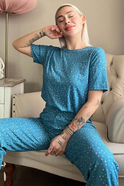 Mavi Style Desenli Örme Crop Kısa Kol Kadın Pijama Takımı - 1