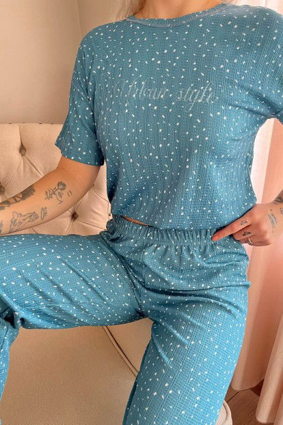 Mavi Style Desenli Örme Crop Kısa Kol Kadın Pijama Takımı - 4