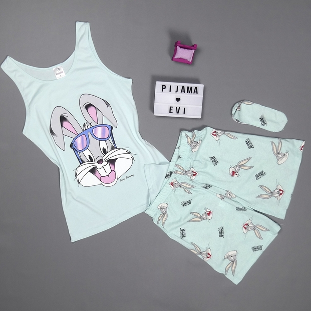 Mavi Tavşan Desenli Şortlu Askılı Sıfır Kol Bayan Pijama Takımı - 2