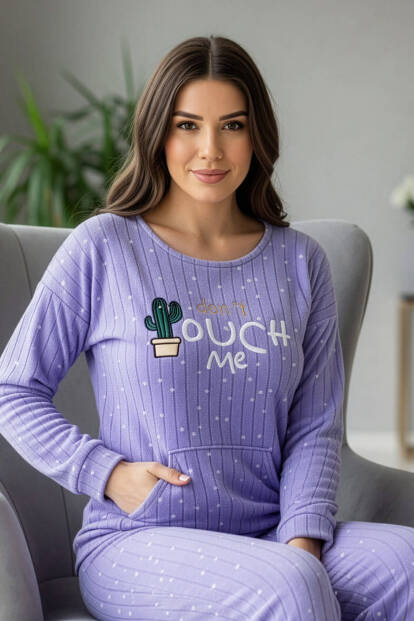 Mavi Touch Desenli Kanguru Cepli Peluş Polar Pijama Takımı - 1