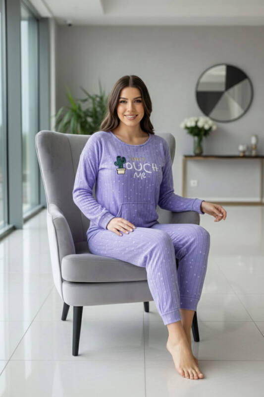 Mavi Touch Desenli Kanguru Cepli Peluş Polar Pijama Takımı - Pijamaevi (1)