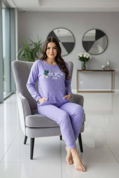 Mavi Touch Desenli Kanguru Cepli Peluş Polar Pijama Takımı - 3