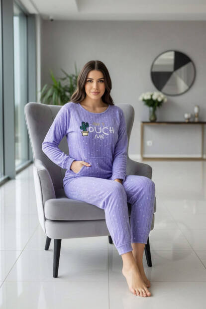 Mavi Touch Desenli Kanguru Cepli Peluş Polar Pijama Takımı - 4