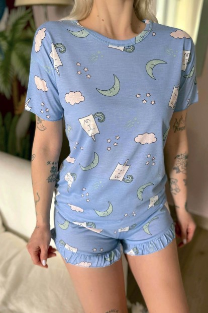 Mavi Unimoon Baskılı Şortlu Kadın Pijama Takımı - 5