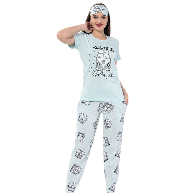 Mavi Vosvos Desenli Kısa Kollu Pijama Kadın Takımı - 1
