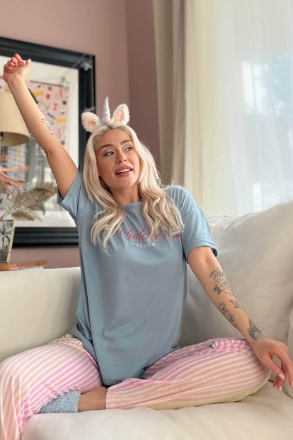 Mavi Whatever Forever Baskılı Örme Kısa Kol Kadın Pijama Takımı - 2