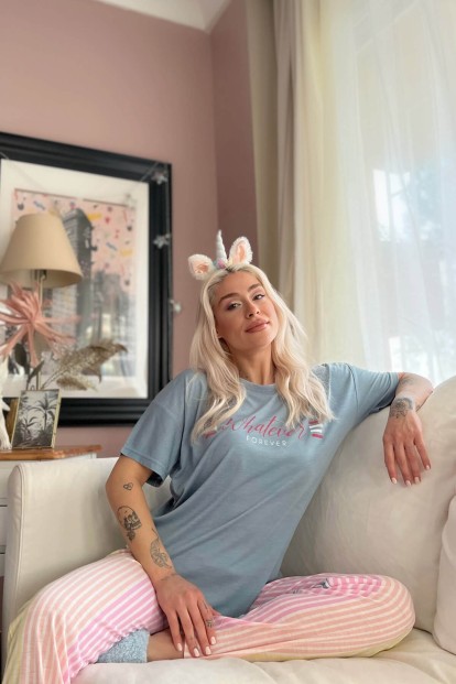 Mavi Whatever Forever Baskılı Örme Kısa Kol Kadın Pijama Takımı - 3
