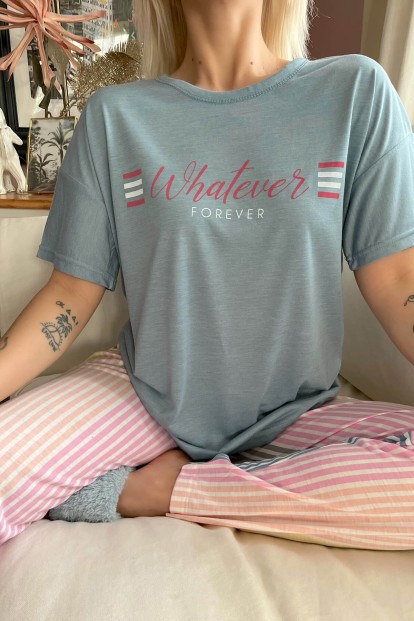 Mavi Whatever Forever Baskılı Örme Kısa Kol Kadın Pijama Takımı - 4
