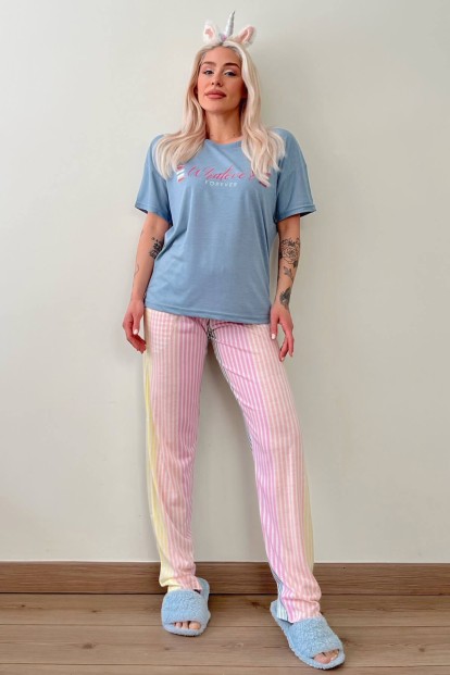 Mavi Whatever Forever Baskılı Örme Kısa Kol Kadın Pijama Takımı - 5