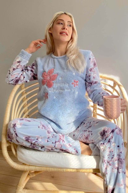 Mavi Yaprak Desenli Kadın Peluş Pijama Takımı - 1