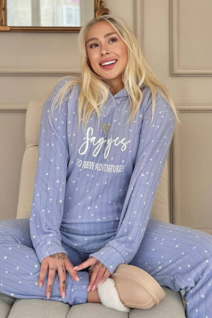 Mavi Yes Desenli Kapşonlu Peluş Polar Pijama Takımı - 1