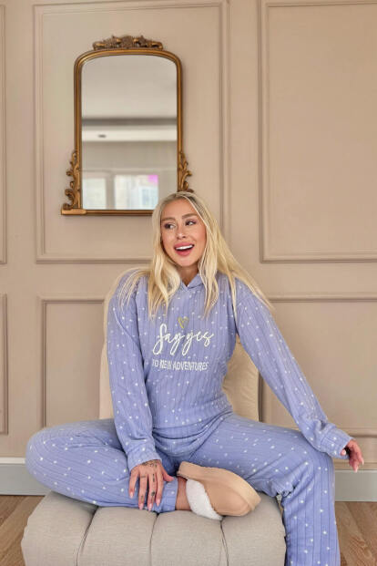 Mavi Yes Desenli Kapşonlu Peluş Polar Pijama Takımı - 3