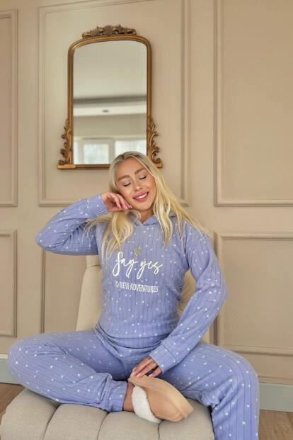 Mavi Yes Desenli Kapşonlu Peluş Polar Pijama Takımı - 4