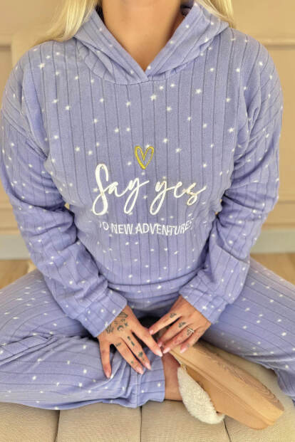 Mavi Yes Desenli Kapşonlu Peluş Polar Pijama Takımı - 5