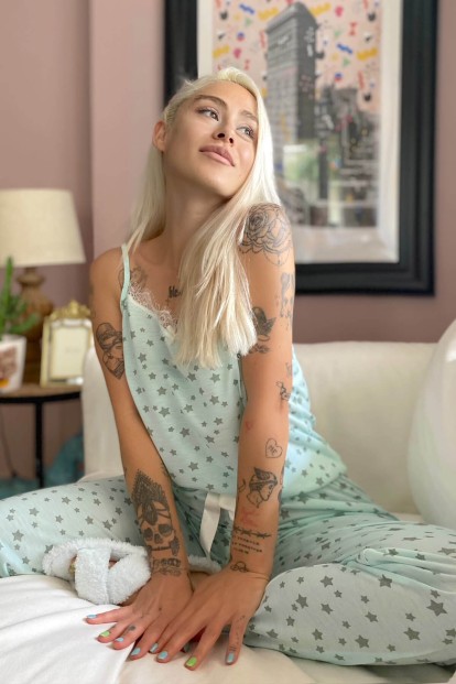 Mavi Yıldız Dantelli İp Askılı Örme Kadın Pijama Takımı - 1
