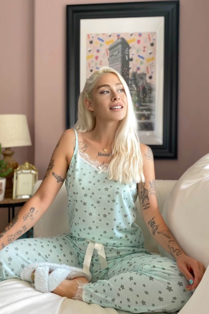 Mavi Yıldız Dantelli İp Askılı Örme Kadın Pijama Takımı - 2