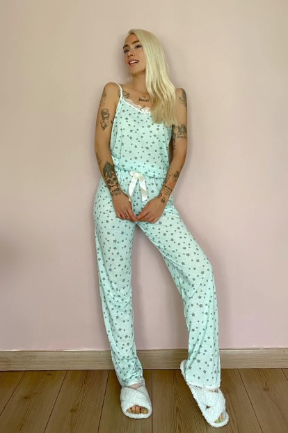 Mavi Yıldız Dantelli İp Askılı Örme Kadın Pijama Takımı - 5