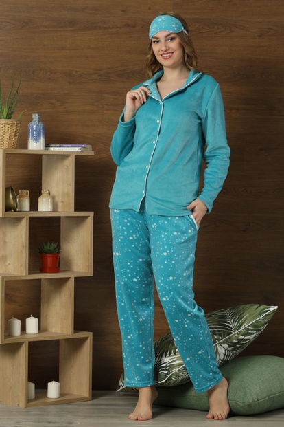 Mavi Yıldız Desenli Kadın Önden Düğmeli Yumoş Peluş Pijama Takımı - 1