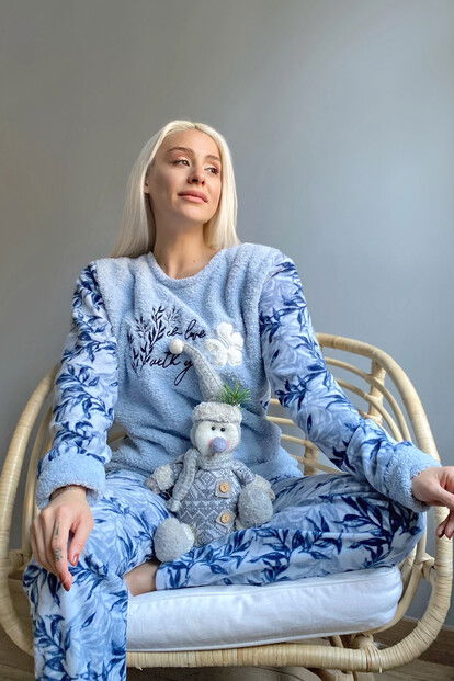 Mavi Yonca Desenli Kadın Peluş Pijama Takımı - 3