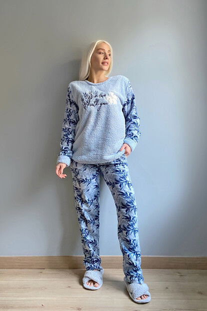 Mavi Yonca Desenli Kadın Peluş Pijama Takımı - 4
