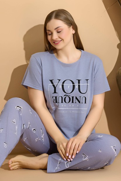 Mavi You Baskılı Kısa Kollu Büyük Beden Battal Pijama Takımı - 1