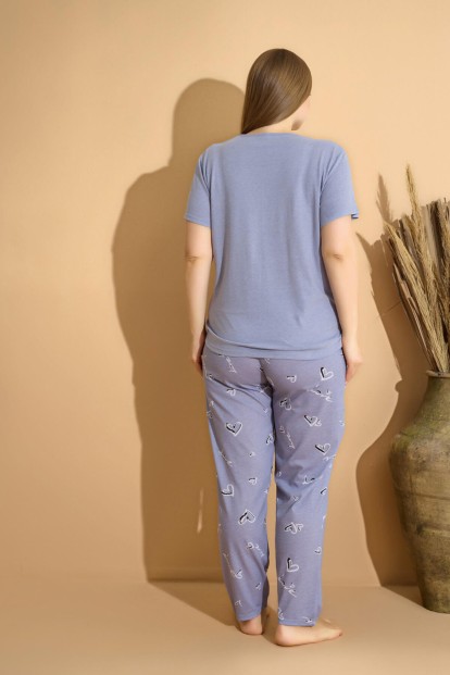 Mavi You Baskılı Kısa Kollu Büyük Beden Battal Pijama Takımı - 3
