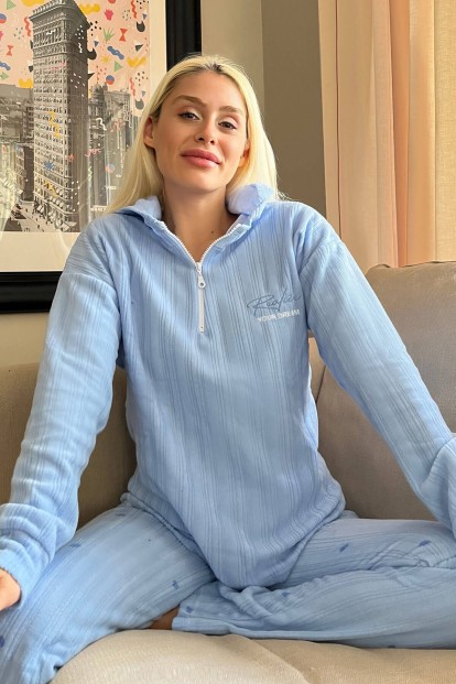 Mavi Your Dream Desenli Kapşonlu Peluş Polar Pijama Takımı - 1